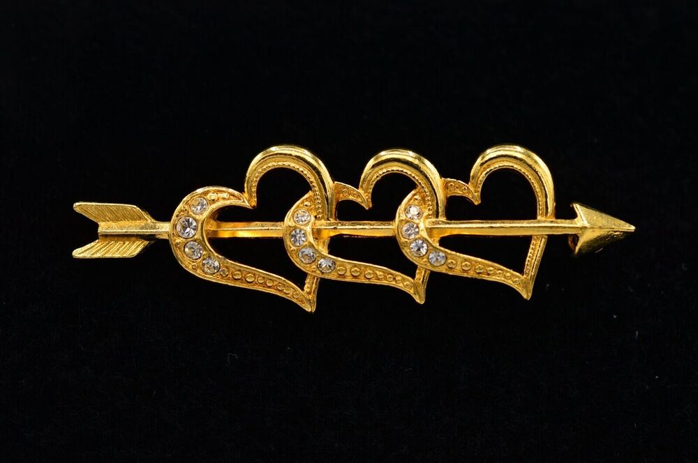 Avon Vintage Valentine Heart Arrow Pin Brooch Gold Rhinestone Crystal 80s BinAC